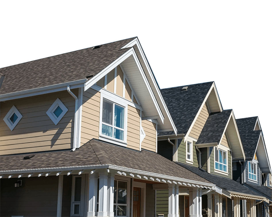 A row of houses with green background